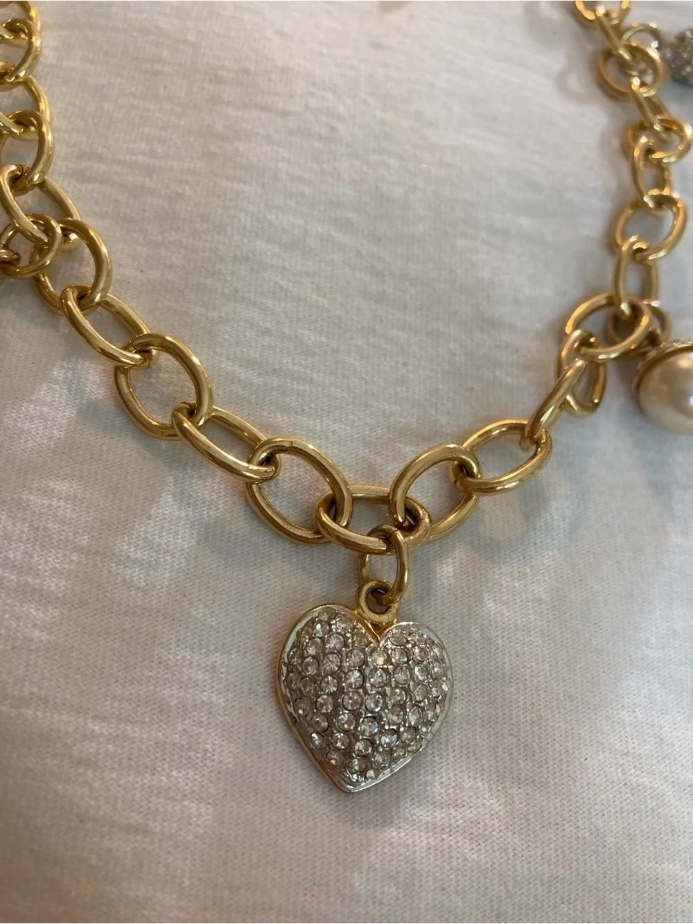 Charm Necklace Hearts Faux Pearls Rhinestones